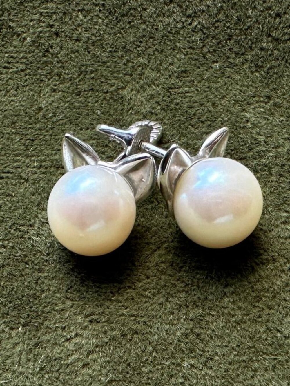 Sterling Silver Kitten Ear Pearl Studs, 9mm, Screw Back